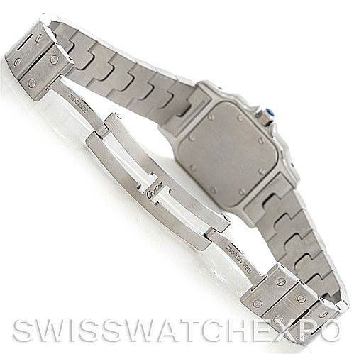 The image shows the unfolded bracelet and the case back of a Cartier Santos W20056D6 Women
s Stainless Steel Silver Dial W20056D6 Women
s Stainless Steel Silver Dial watch, highlighting the clasp and link details.