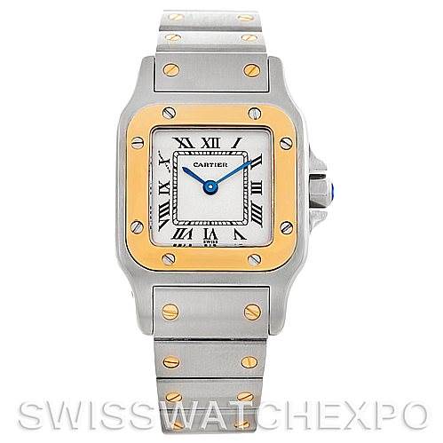 The image shows a front view of a Cartier Santos W20012C4 Women
s Stainless Steel Silver Dial W20012C4 Women
s Stainless Steel Silver Dial model watch, highlighting its square face, Roman numerals, and two-tone bracelet.
