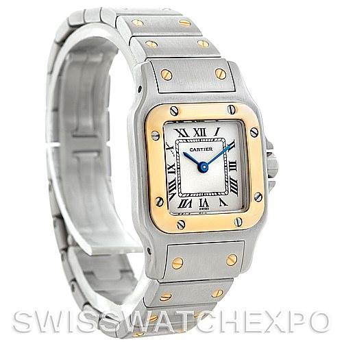 This image shows a Cartier Santos W20012C4 Women
s Stainless Steel Silver Dial W20012C4 Women
s Stainless Steel Silver Dial watch from an angled side view, highlighting its face, bezel, and bracelet.