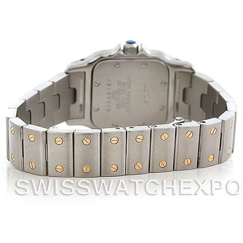 The image shows the rear view of the Cartier Santos W20012C4 Women
s Stainless Steel Silver Dial W20012C4 Women
s Stainless Steel Silver Dial watch, focusing on the bracelet and case back.