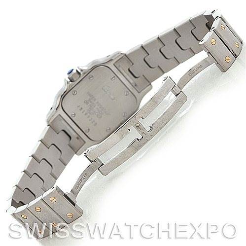 This image shows the back and clasp of a Cartier Santos W20012C4 Women
s Stainless Steel Silver Dial W20012C4 Women
s Stainless Steel Silver Dial watch, highlighting its stainless steel bracelet and folding clasp.