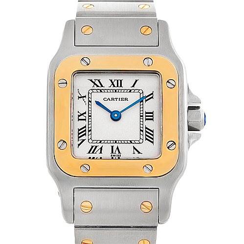 The image shows a frontal view of the Cartier Santos W20012C4 Women
s Stainless Steel Silver Dial W20012C4 Women
s Stainless Steel Silver Dial watch, highlighting the square bezel, roman numeral dial, and metal bracelet.