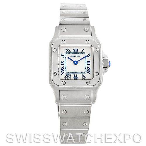 The Cartier Santos 1565 Women
s Stainless Steel Silver Dial 1565 Women
s Stainless Steel Silver Dial watch is shown from the front, displaying the face, bezel, case, and part of the bracelet.