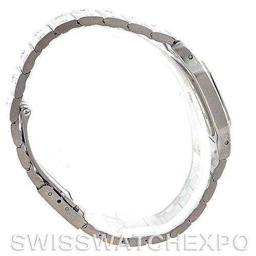 The image shows a side view of the Santos model by Cartier, highlighting the watch case and bracelet.