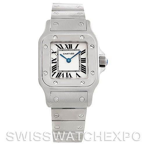 This image shows a front view of a Santos model by Cartier featuring its face, bezel, and bracelet.