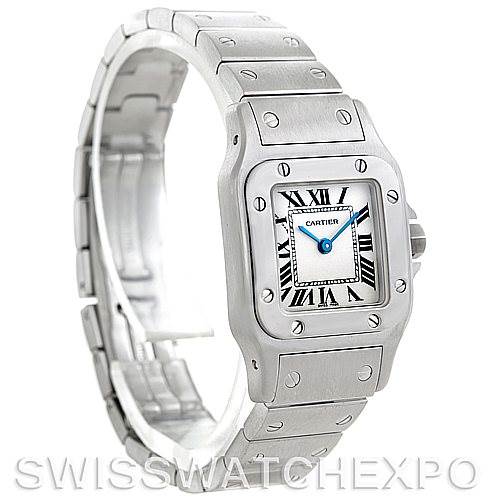 The image shows a front angle of a Santos model by Cartier, including its bezel, dial with Roman numerals, and metal bracelet.