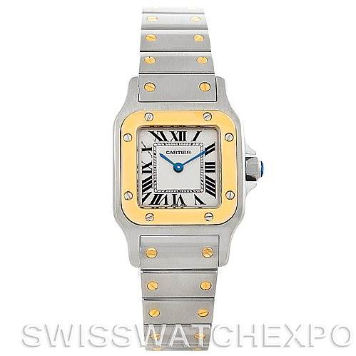 The image shows a Santos model watch by Cartier, photographed from the front, highlighting its face, bezel, and bracelet.