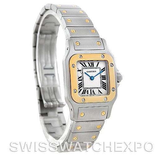 The image shows a Cartier Santos W20012C4 Women's Stainless Steel Silver Dial W20012C4 Women's Stainless Steel Silver Dial watch at a three-quarter angle, showcasing the face, bezel, and metal bracelet.