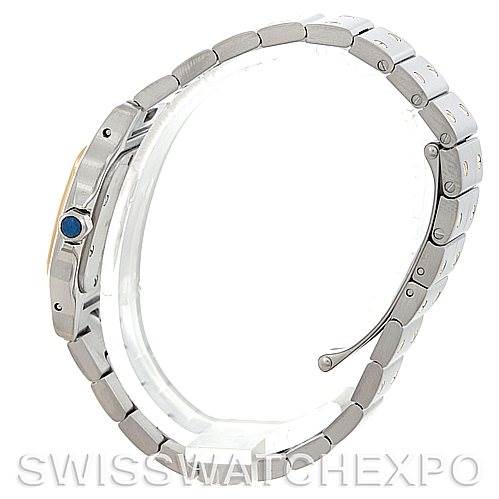 The image shows a side profile of a Santos model watch by Cartier, highlighting the bracelet, crown, and part of the clasp.