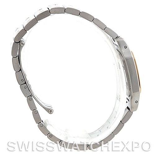 This image shows a side angle of the Santos model watch by Cartier, highlighting its bracelet and profile view of the case.