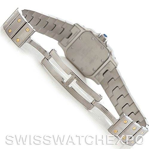 The image shows the backside and clasp mechanism of a Cartier Santos W20012C4 Women's Stainless Steel Silver Dial W20012C4 Women's Stainless Steel Silver Dial watch.