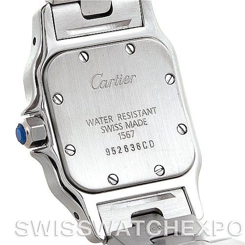 This image shows the back case and part of the bracelet of a Cartier Santos W20012C4 Women's Stainless Steel Silver Dial W20012C4 Women's Stainless Steel Silver Dial watch.