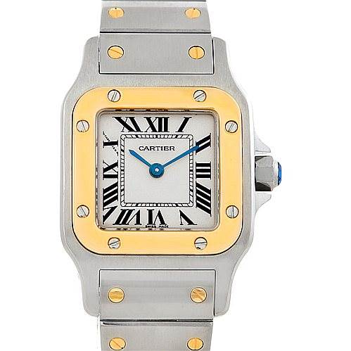 This image shows a front view of a Santos model watch by Cartier, highlighting the dial, bezel, and bracelet.