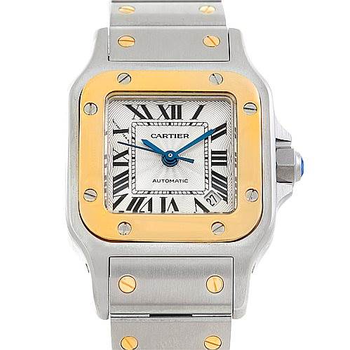 The image shows a front view of the Cartier Santos 2423 Women's Stainless Steel Silver Dial 2423 Women's Stainless Steel Silver Dial watch, displaying its square face, two-tone bezel, and part of the metal bracelet.