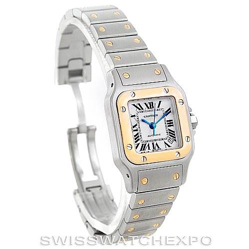 The Cartier Santos 2423 Women's Stainless Steel Silver Dial 2423 Women's Stainless Steel Silver Dial watch is shown at a slight angle, highlighting the face, bezel, and part of the bracelet.