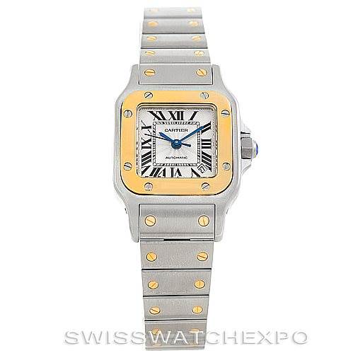 This image shows a front view of the Cartier Santos 2423 Women's Stainless Steel Silver Dial 2423 Women's Stainless Steel Silver Dial watch, featuring the face, bezel, and bracelet with gold screws.