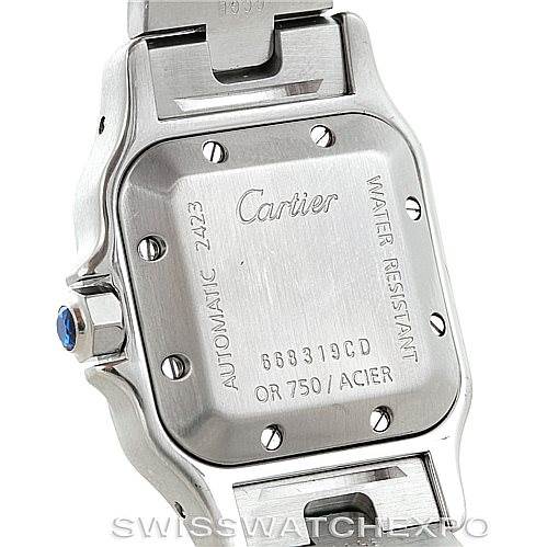 This image shows the back case and part of the bracelet of a Cartier Santos 2423 Women's Stainless Steel Silver Dial 2423 Women's Stainless Steel Silver Dial model watch.