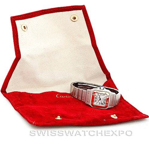 The image shows a Cartier Santos 2423 Women's Stainless Steel Silver Dial 2423 Women's Stainless Steel Silver Dial watch laid flat on an open red pouch, displaying its face and metallic bracelet.
