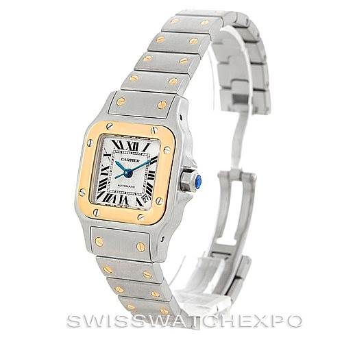 This image shows a Santos model by Cartier from a front-left angle, highlighting the watch face, bezel, and bracelet.