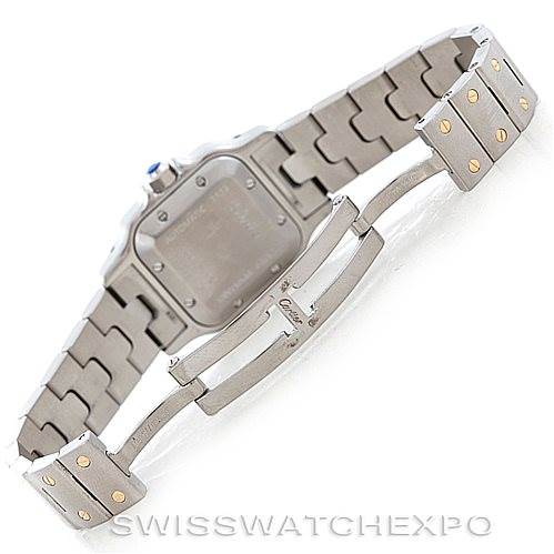 The image shows the back of a Cartier Santos 2423 Women's Stainless Steel Silver Dial 2423 Women's Stainless Steel Silver Dial model watch, focusing on the case back, bracelet, and clasp mechanism.