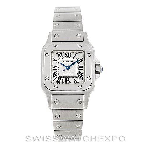 The image shows a Cartier Santos W20054D6 Women
s Stainless Steel Silver Dial W20054D6 Women
s Stainless Steel Silver Dial watch from a front angle, highlighting its square face, roman numerals, and metal bracelet.
