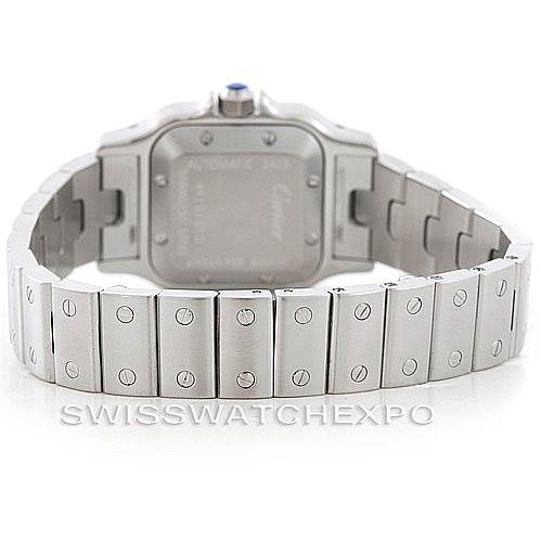 The image shows the back and bracelet of a Cartier Santos W20054D6 Women
s Stainless Steel Silver Dial W20054D6 Women
s Stainless Steel Silver Dial watch, highlighting its stainless steel construction and screw details.