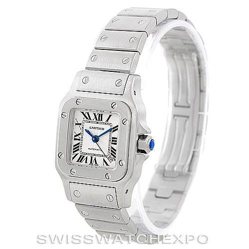 This image shows a Cartier Santos W20054D6 Women
s Stainless Steel Silver Dial W20054D6 Women
s Stainless Steel Silver Dial watch at a three-quarter angle, highlighting its silver bezel, metal bracelet, and square face with Roman numerals.