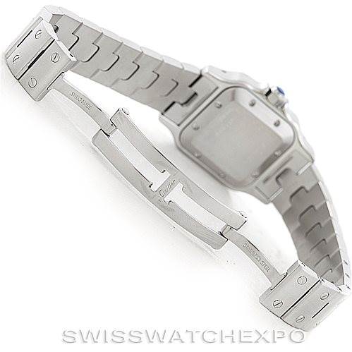 This image shows the back and side view of a Cartier Santos W20054D6 Women
s Stainless Steel Silver Dial W20054D6 Women
s Stainless Steel Silver Dial watch, highlighting the metal bracelet and clasp.