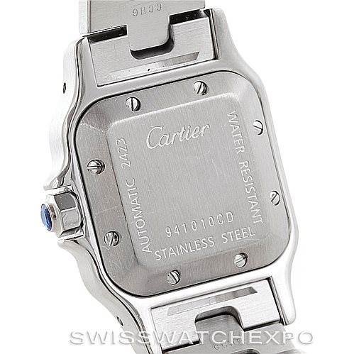 The image shows the back case of a Cartier Santos W20054D6 Women
s Stainless Steel Silver Dial W20054D6 Women
s Stainless Steel Silver Dial watch, highlighting details like the brand, model, and specifications.