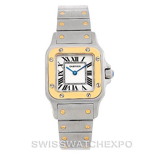 This image shows a frontal view of the Cartier Santos W20012C4 Women
s Stainless Steel Silver Dial W20012C4 Women
s Stainless Steel Silver Dial watch, displaying the face, bezel, and bracelet.