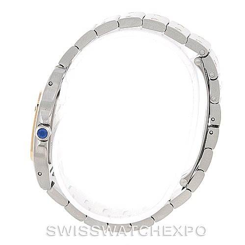 This image shows a side view of the Cartier Santos W20012C4 Women
s Stainless Steel Silver Dial W20012C4 Women
s Stainless Steel Silver Dial watch, highlighting the bracelet and crown.