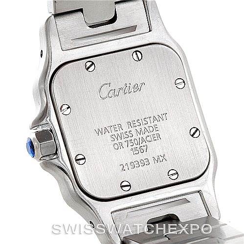 The image shows the case back of a Cartier Santos W20012C4 Women
s Stainless Steel Silver Dial W20012C4 Women
s Stainless Steel Silver Dial watch, featuring the brand inscription and water resistance details.