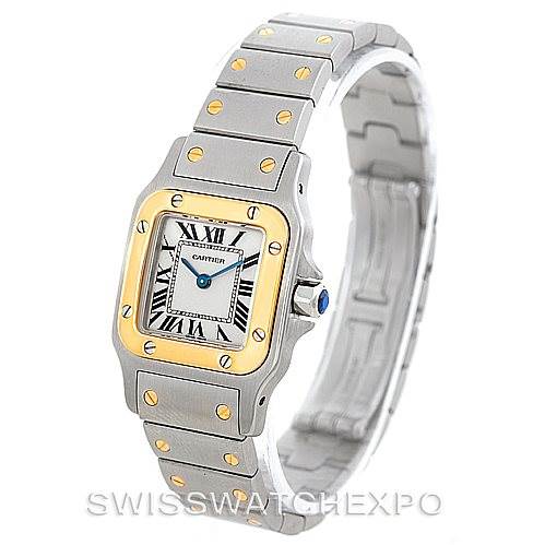 The image shows a Cartier Santos W20012C4 Women's Stainless Steel Silver Dial W20012C4 Women's Stainless Steel Silver Dial watch at a slight angle, highlighting the face, bezel, and linked strap with gold screw accents.