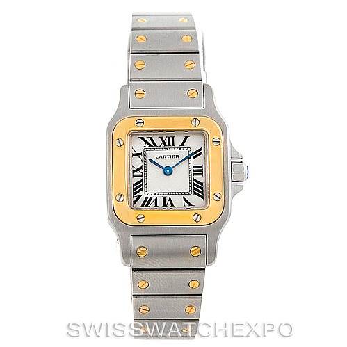 The image shows a front view of a Santos model watch by Cartier, highlighting its face, bezel, and bracelet.