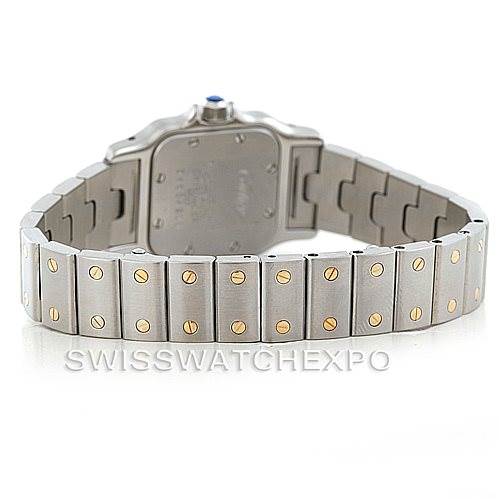 The image shows the back view of a Cartier Santos W20012C4 Women's Stainless Steel Silver Dial W20012C4 Women's Stainless Steel Silver Dial model watch, highlighting its metal bracelet with gold screws.