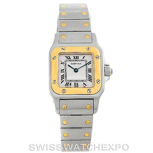 The image shows a frontal view of a Cartier Santos W20012C4 Women's Stainless Steel Silver Dial W20012C4 Women's Stainless Steel Silver Dial watch, highlighting its square dial, metal bracelet, and signature screws.