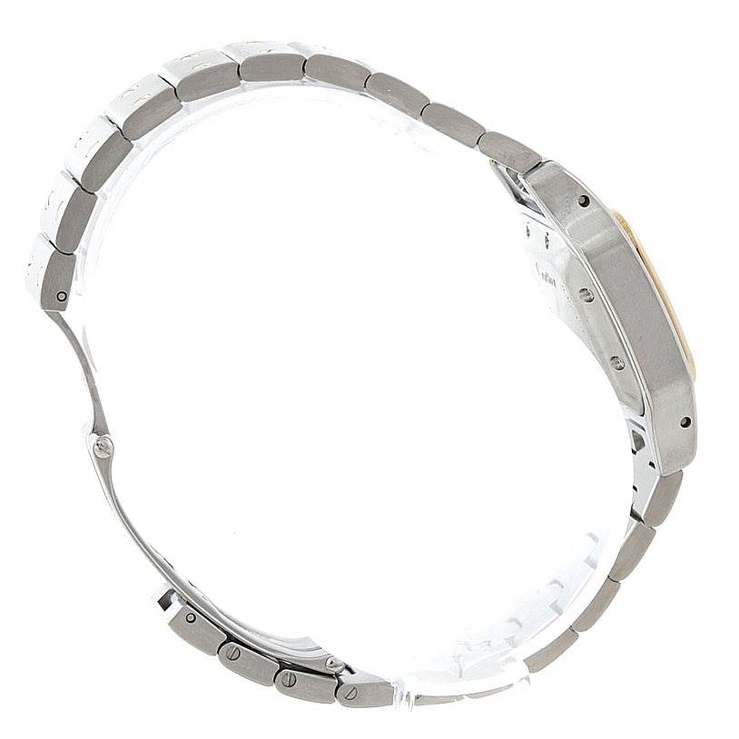 The image shows a side profile of a Santos model watch by Cartier, highlighting its metal bracelet and case.