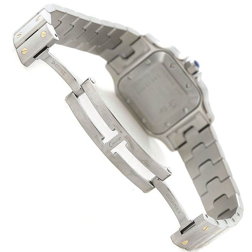 The image shows the back and partially opened clasp of a Cartier Santos W20057C4 Women
s Stainless Steel Silver Dial W20057C4 Women
s Stainless Steel Silver Dial watch, highlighting the bracelet and clasp mechanism.
