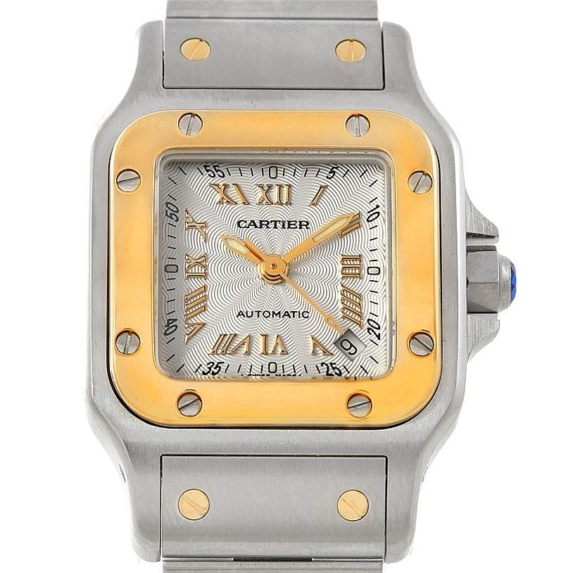 This image shows a frontal view of the Cartier Santos W20057C4 Women
s Stainless Steel Silver Dial W20057C4 Women
s Stainless Steel Silver Dial watch, highlighting its face, bezel, and part of the bracelet.