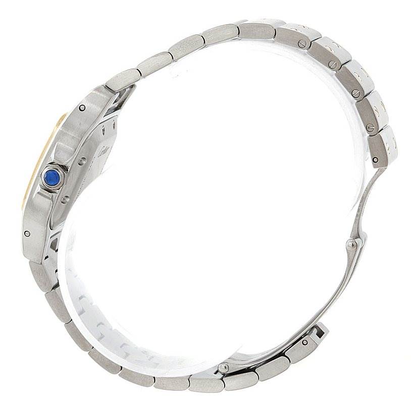 This image shows a Cartier Santos W20057C4 Women
s Stainless Steel Silver Dial W20057C4 Women
s Stainless Steel Silver Dial model watch from a side angle, focusing on the bracelet, crown, and case.