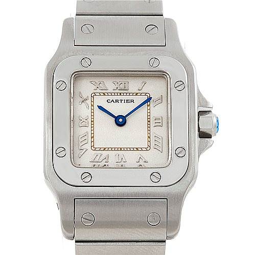 This image shows a front view of a Cartier Santos Women
s Stainless Steel Silver Dial Women
s Stainless Steel Silver Dial watch, displaying the dial, bezel, crown, and part of the bracelet.