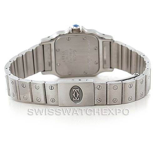 The image shows the back view of a Cartier Santos Women
s Stainless Steel Silver Dial Women
s Stainless Steel Silver Dial model watch, focusing on the bracelet and clasp.