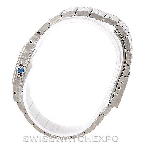 This image shows a side view of the bracelet and profile of the Santos model by Cartier.
