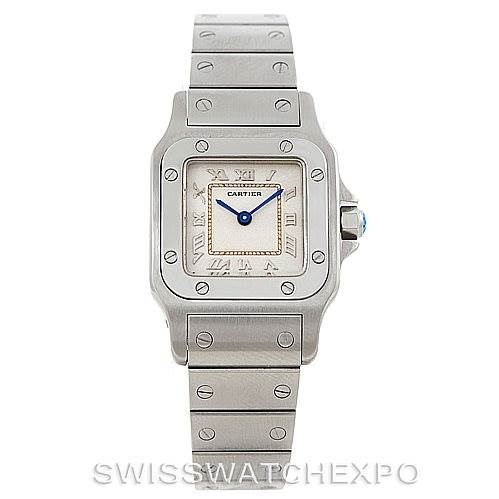 The image shows a front view of the Santos model watch by Cartier, displaying the face, bezel, and metal bracelet with screw details.