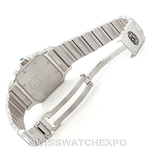 The image shows the open clasp and bracelet back of a Cartier Santos Women
s Stainless Steel Silver Dial Women
s Stainless Steel Silver Dial watch.