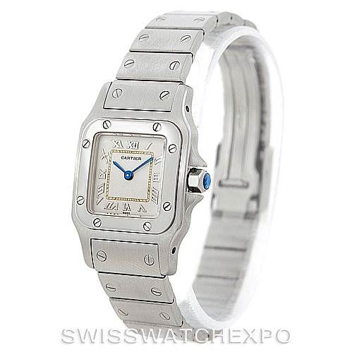 The image shows a front and side angle of a Santos model by Cartier, highlighting the face, bezel, and bracelet.