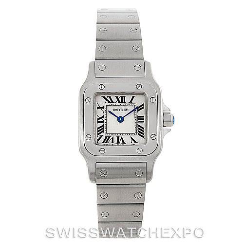 The image shows a Cartier Santos W20056D6 Women
s Stainless Steel Silver Dial W20056D6 Women
s Stainless Steel Silver Dial watch from a front angle, displaying the face, bezel, and part of the bracelet.
