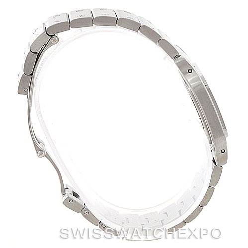 The image shows a side profile of the Santos model by Cartier, highlighting its bracelet and clasp.