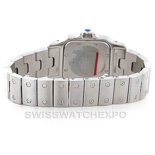 This image shows the back of a Santos model by Cartier, focusing on the case back and bracelet.