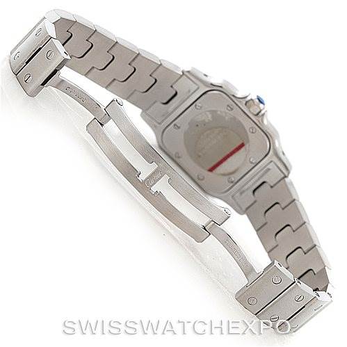This is an angled rear view of a Cartier Santos W20056D6 Women
s Stainless Steel Silver Dial W20056D6 Women
s Stainless Steel Silver Dial watch, showcasing its stainless steel bracelet and clasp.